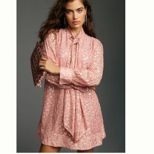 Anthropologie Maeve Long-Sleeve Tie-Neck Mini Dress XS